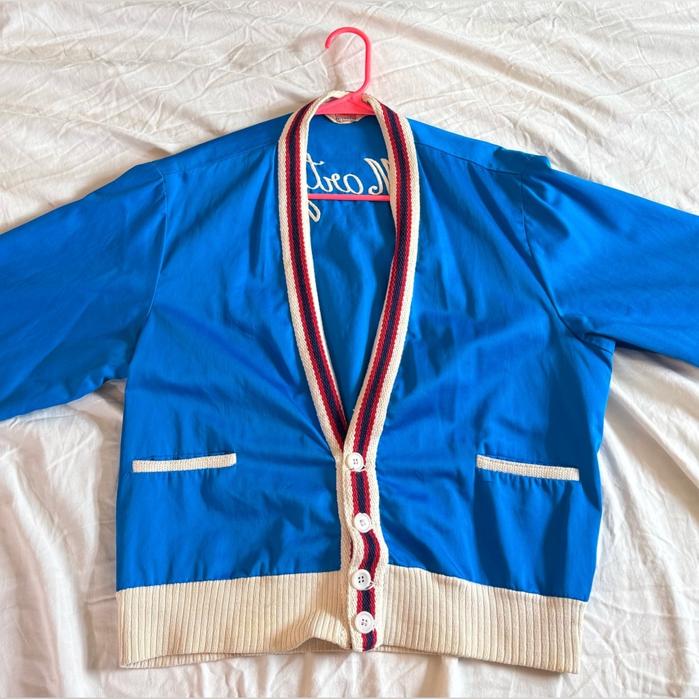 Vintage 1950s Blue Cardigan with Cream Trim